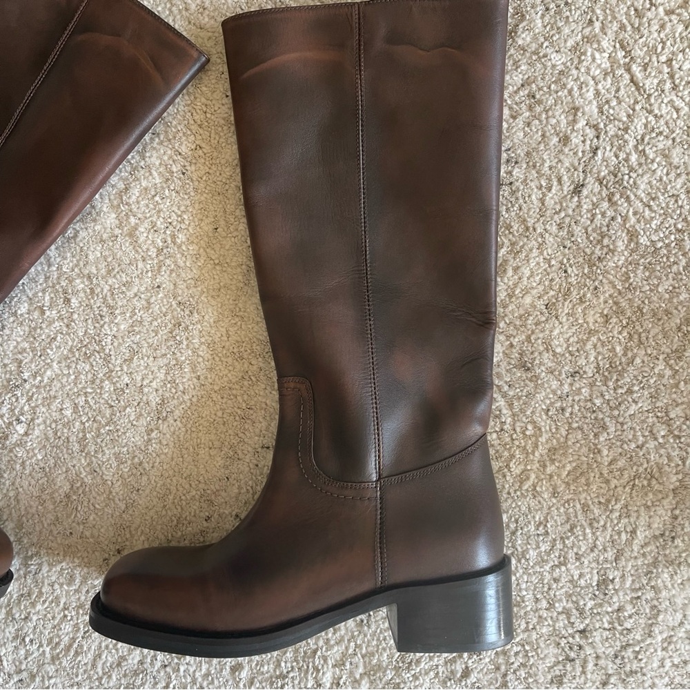 NEW Steve Madden Riggs Banana Boots Leather Knee High Moto Brown Distressed - Picture 6 of 9
